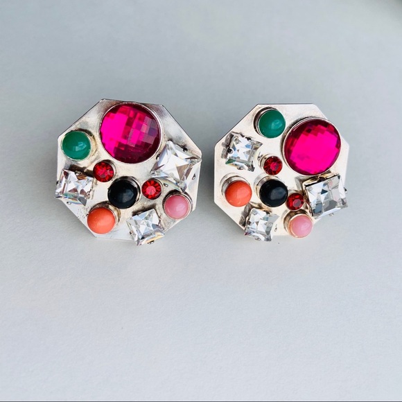 Vintage statement octagonal OOAK clip earrings - Picture 1 of 4